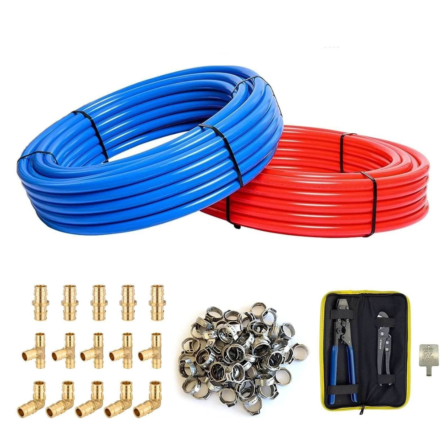 1/2" 2 x 75ft, 150ft PEX-B Tubing (Blue & Red), Fitting DIY Kit, Crimp Fitting, Clamp Tool, Clamps Cutter & Heavy Duty Canvas Bags