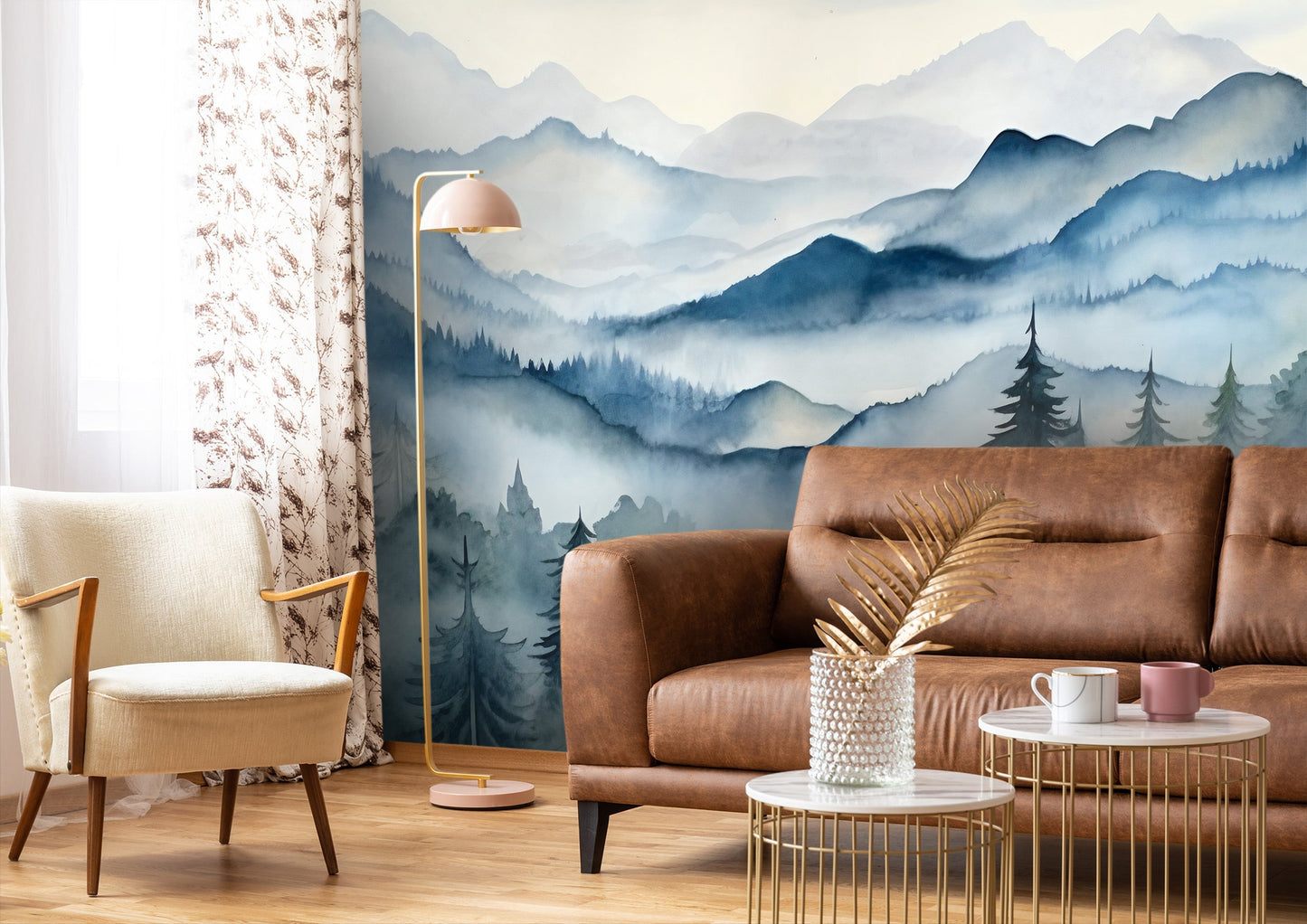Watercolor Foggy Pine Tree Forest Mural