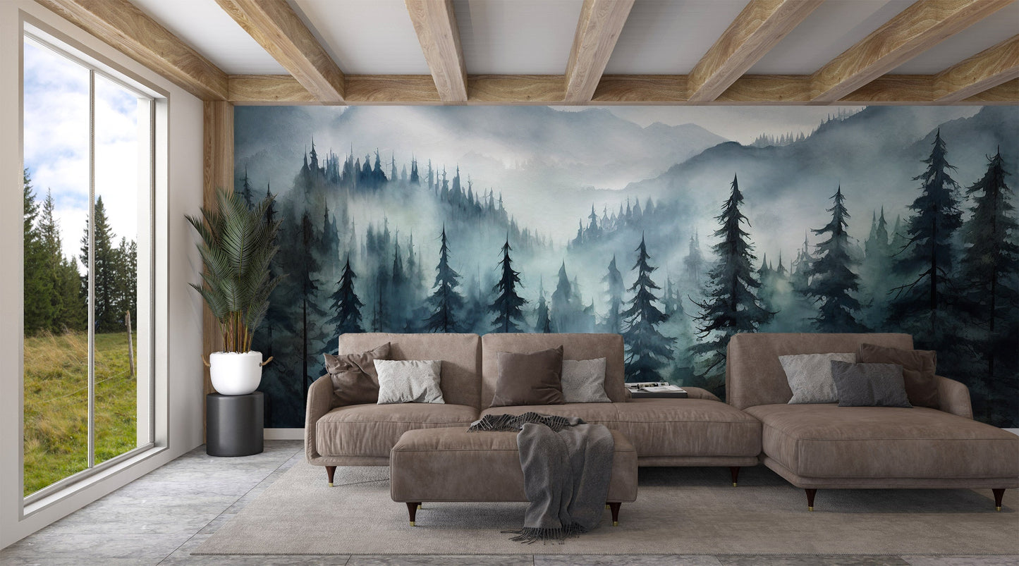 Foggy Forest Mountains Mural