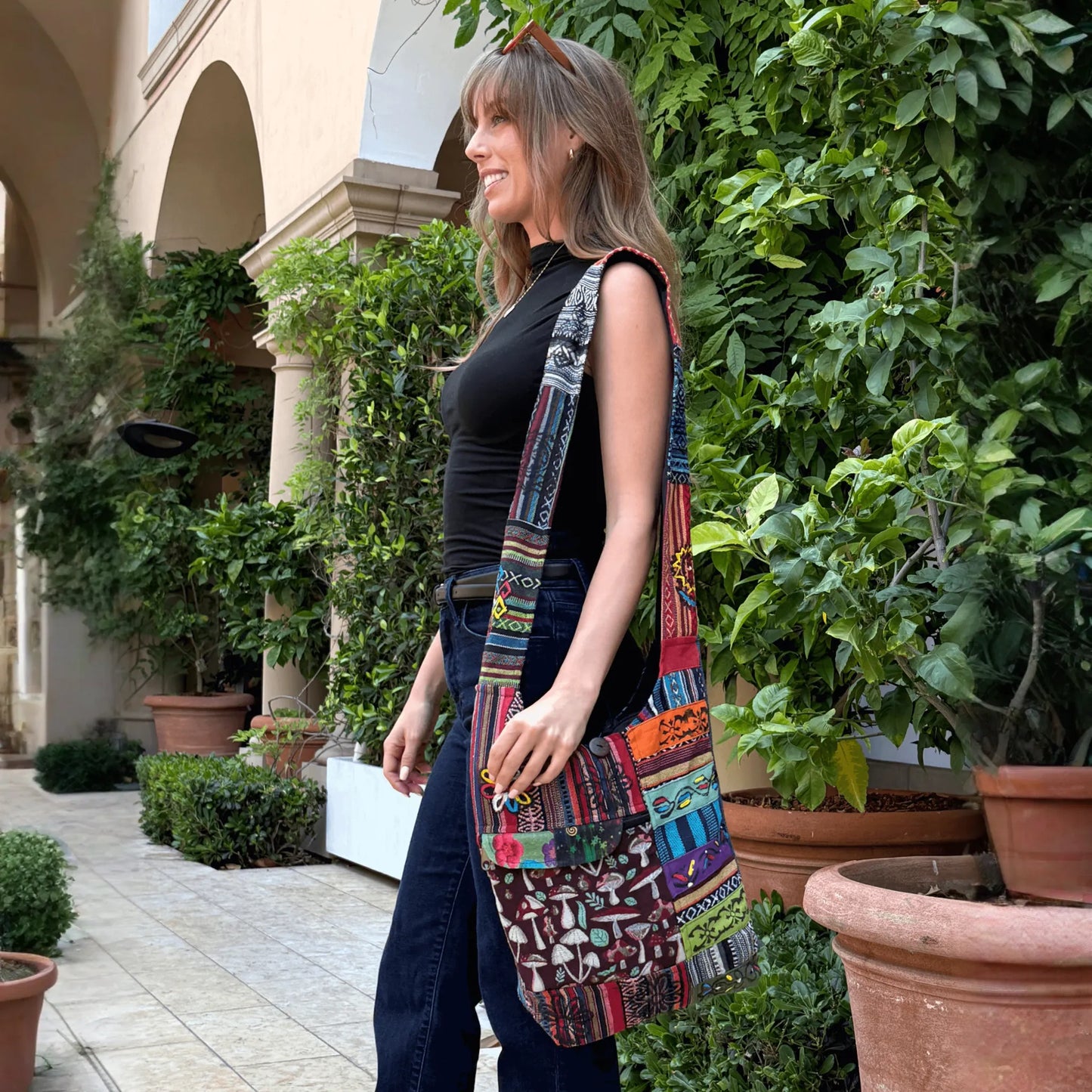 Kathmandu Collection Tribal Stripe Patchwork Hobo Bag