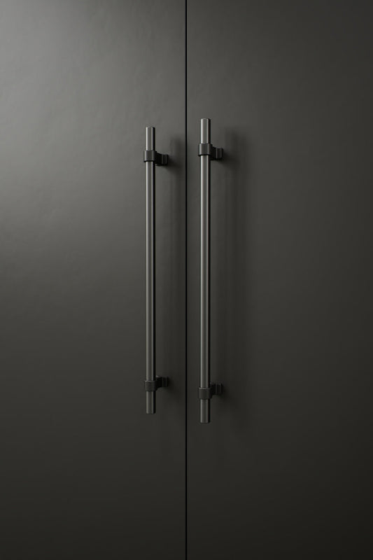 Black and Gun Metal "Bond" T-Bar Dual Finish Knob and Pulls