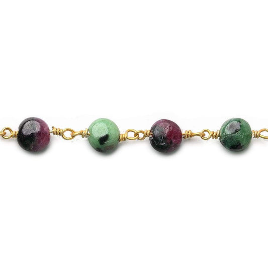 7mm Ruby in Zoisite plain coin Vermeil Chain by the foot