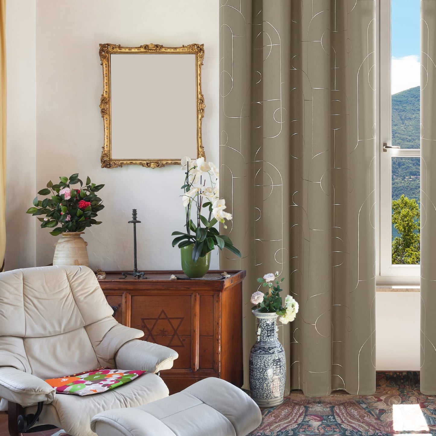 Geometric Blackout Curtains, Taupe, 52x108 Inch, 2 Panels