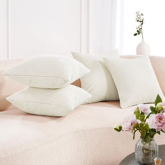Corduroy Throw Pillow Covers, Cream White, 16x16 Inch, 4PCS