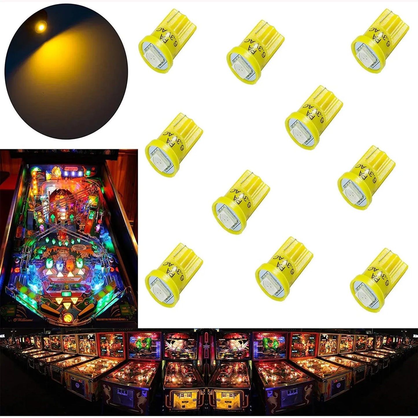 LED Wedge Arcade Pinball Machine Light Bulb 1SMD T10 #555 6.3V AC / DC (10PCS)