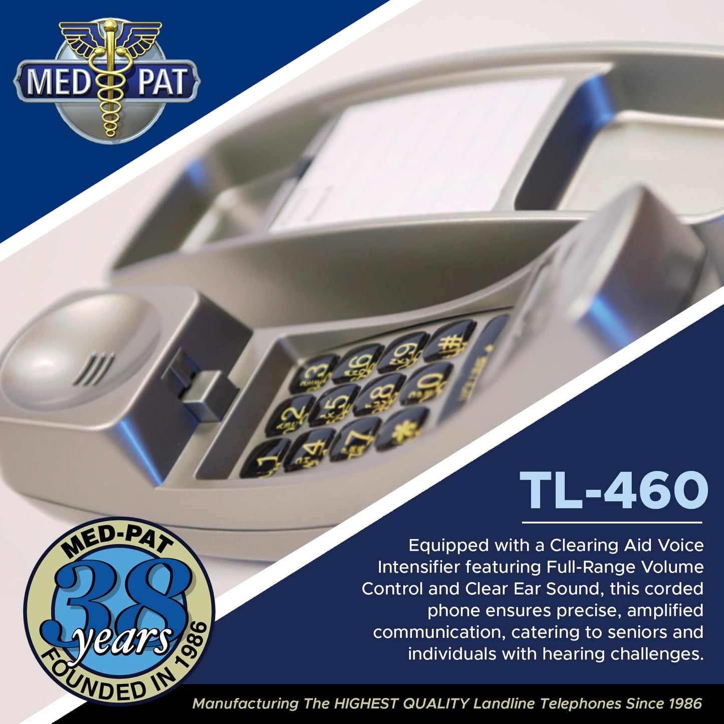 Med-Pat TL-460 Trimline Landline Phone – Wall Mount, Volume Boost, Lighted Ring for Seniors