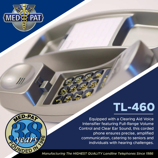 Med-Pat TL-460 Trimline Landline Phone – Wall Mount, Volume Boost, Lighted Ring for Seniors