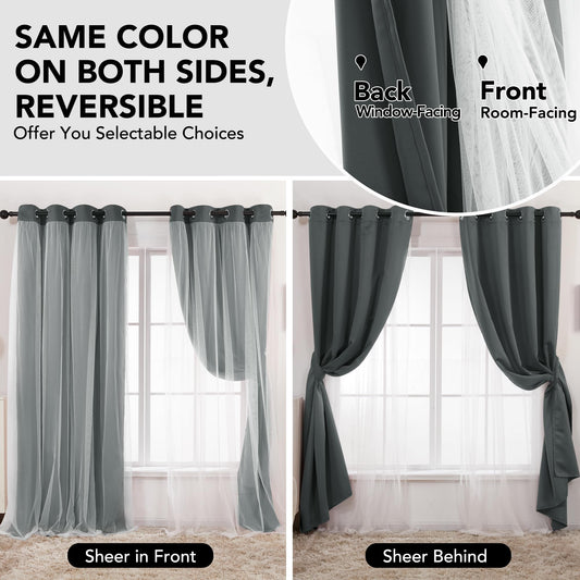 Double Layer Blackout & Sheer Curtains, Dark Grey, 52x96