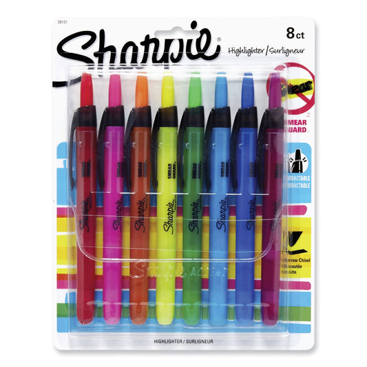 Sharpie Retractable Highlighters with Storage Pouch, Assorted Ink Colors, Chisel Tip, Assorted Barrel Colors, 8/Set
