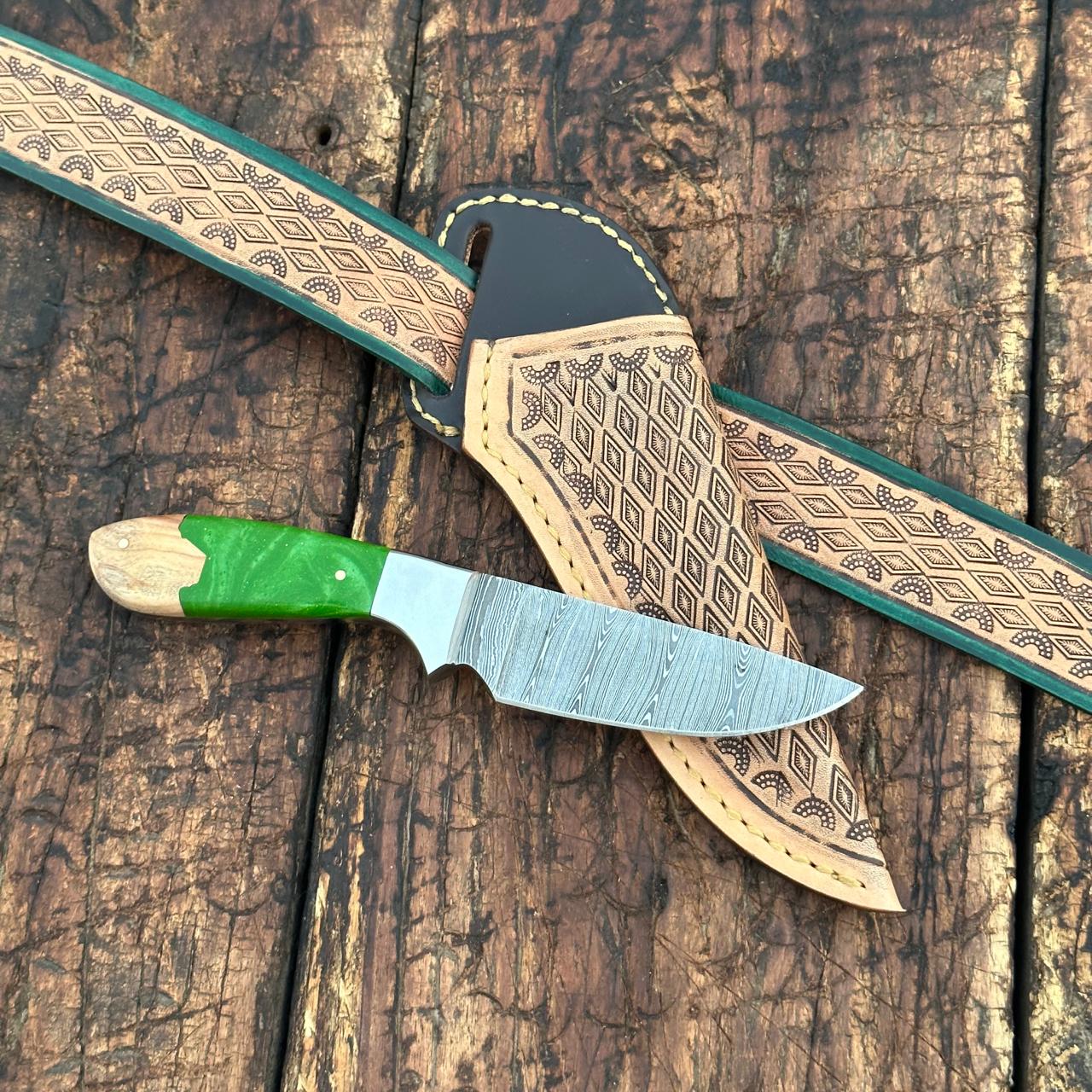 Yellowstone Damascus Skinner Knife with Hand tooled Sheath & Belt
