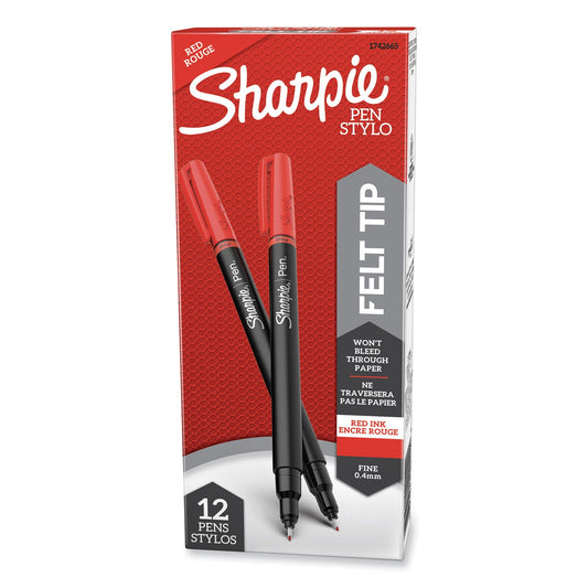 Sharpie Water-Resistant Ink Porous Point Pen, Stick, Fine 0.4 mm, Red Ink, Black/Gray/Red Barrel, Dozen