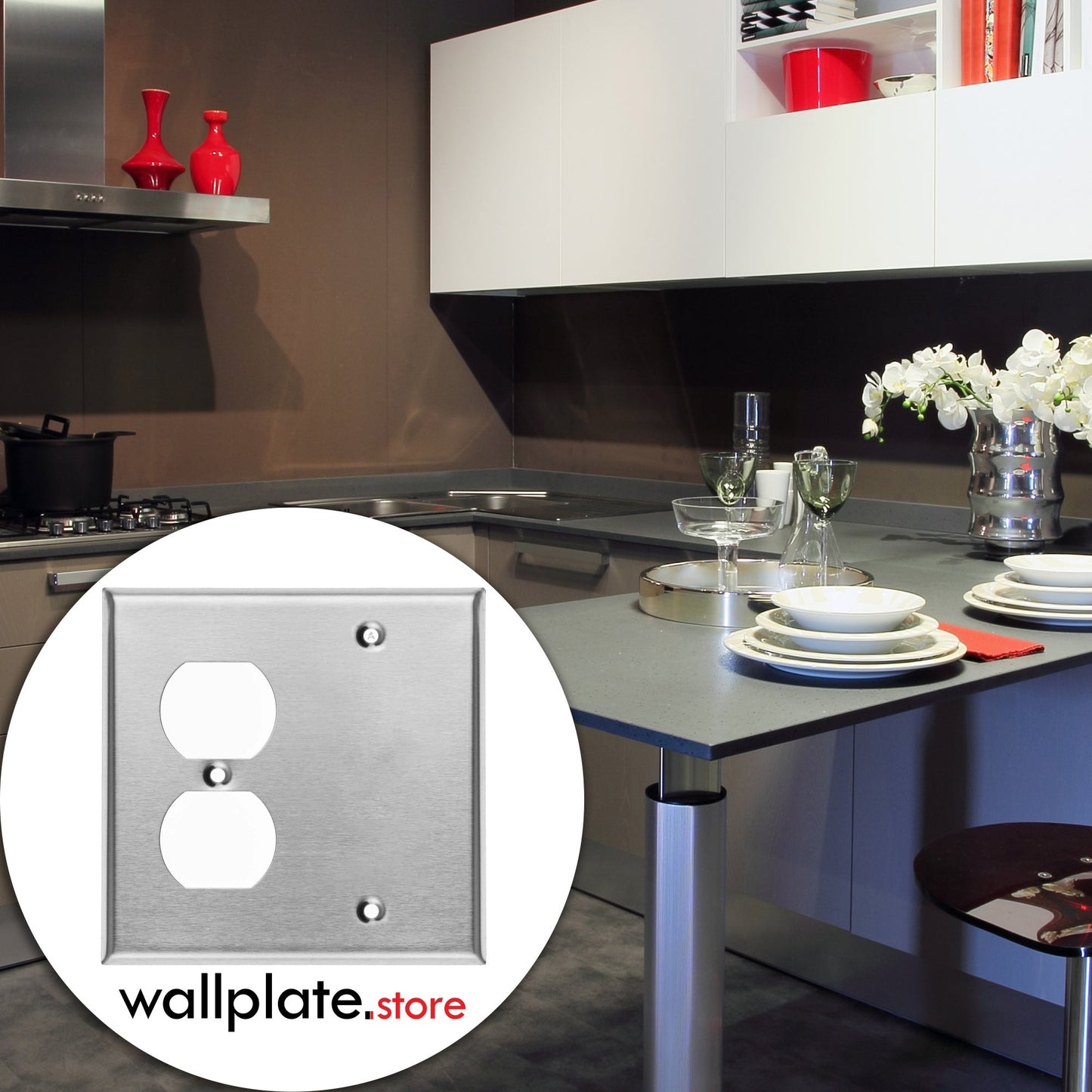 2 Gang Stainless Steel Duplex Receptacle and Blank Wall Plate - Made in USA