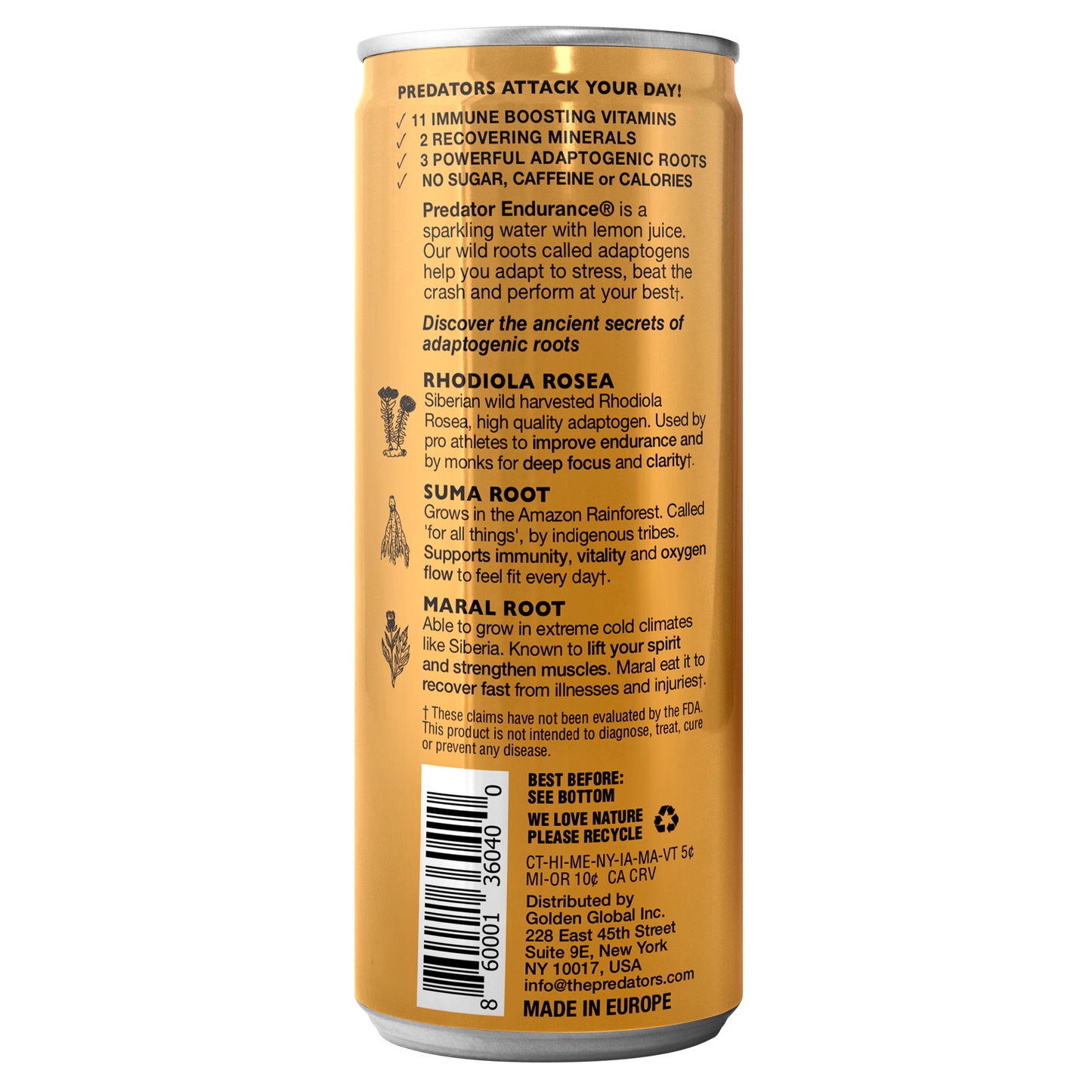 Predator Endurace Gold - Apple Peach - Adaptogens: Rhodiola Rosea, Leuzea Root, Suma Root - No Sugar and No caffeine -12-pack