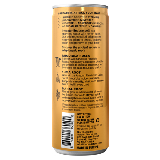 Predator Endurace Gold - Apple Peach - Adaptogens: Rhodiola Rosea, Leuzea Root, Suma Root - No Sugar and No caffeine -12-pack