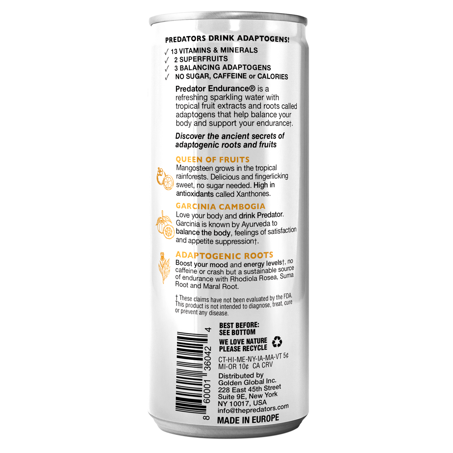 Predator Endurace White - Mangosteen Blackcurrant - Adaptogens: Rhodiola Rosea, Leuzea Root and Suma Root - No caffeine and No sugar - 12-pack