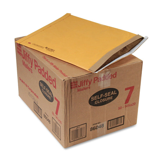 Sealed Air Jiffy Padded Mailer, #7, Paper Padding, Self-Adhesive Closure, 14.25 x 20, Natural Kraft, 50/Carton