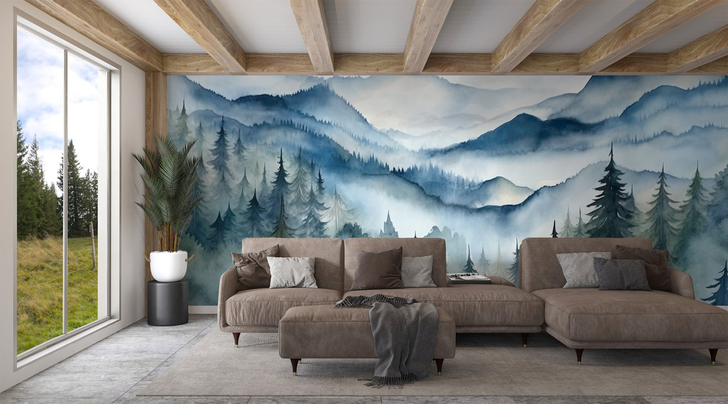 Watercolor Foggy Pine Tree Forest Mural