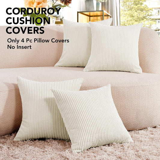 Corduroy Throw Pillow Covers, Cream White, 16x16 Inch, 4PCS