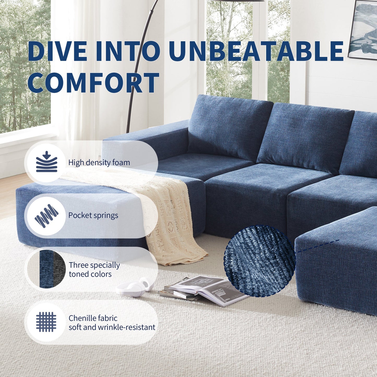 110*72' Modular U Shaped Sectional Sofa with Ottomans,Luxury Cloud Chenille Floor Couch with Deep Seat,No Assembly Required,Fully Compressed Upholstered Sofa for Living Room,Bedroom,3 Colors