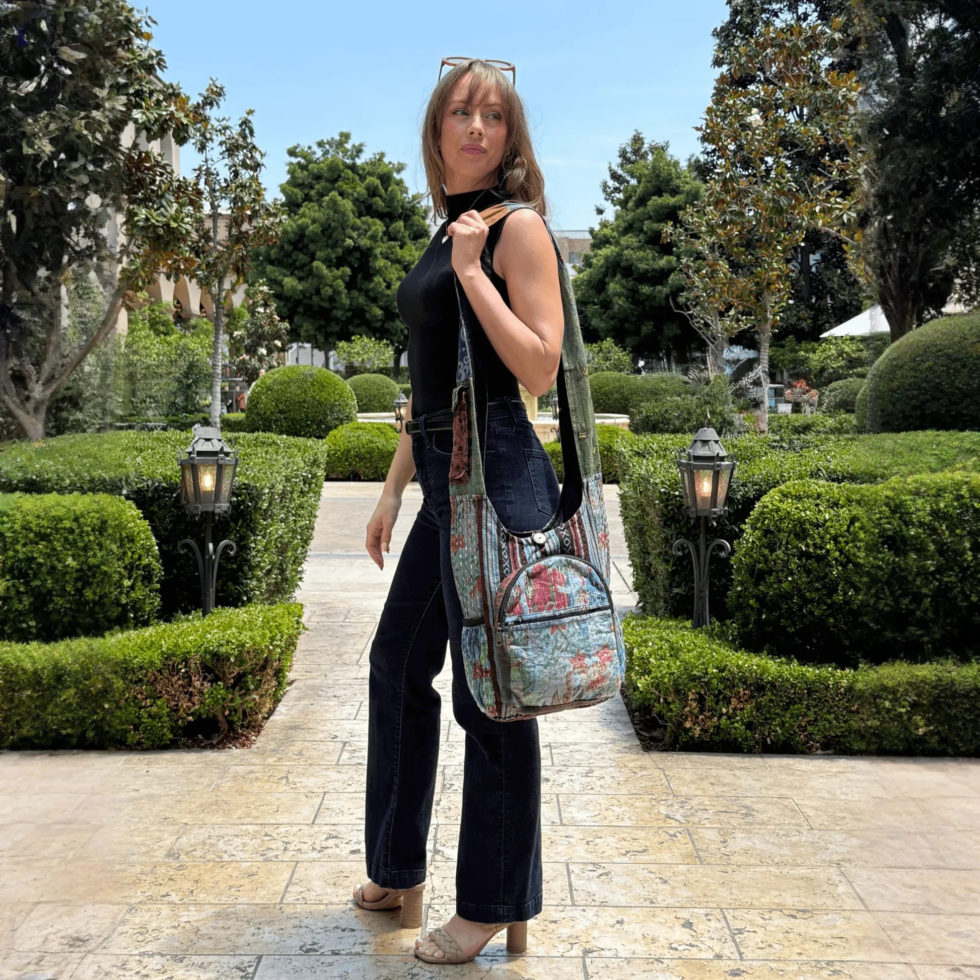 Kathmandu Collection Vintage Patchwork Hobo Bag with Water Bottle Pockets