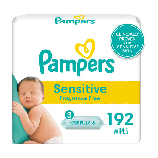 Pampers Sensitive Baby Wipes, 192 Count - Refill Packs, Fragrance Free & Hypoallergenic
