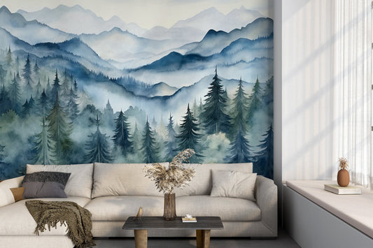 Watercolor Foggy Pine Tree Forest Mural