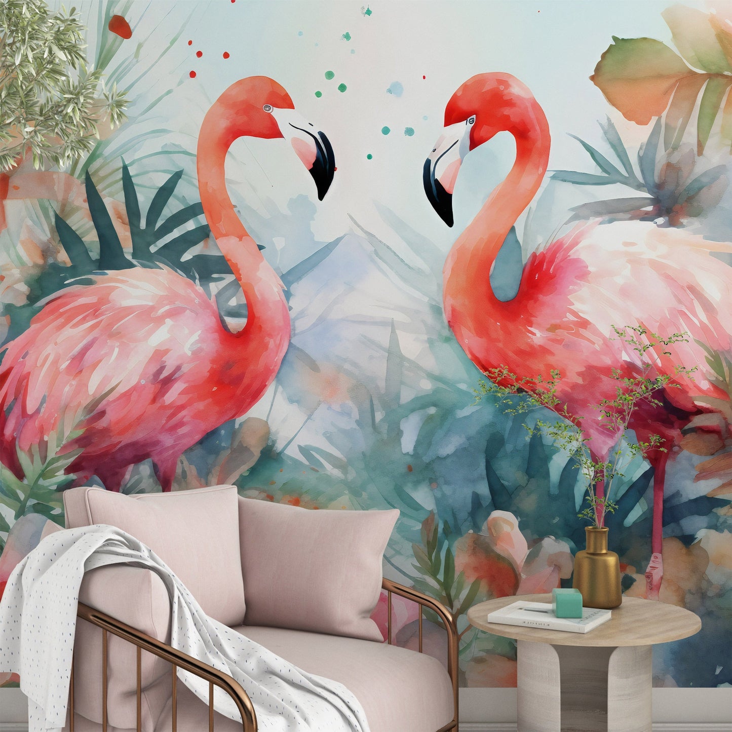 Watercolor Tropical Flamingo Mural