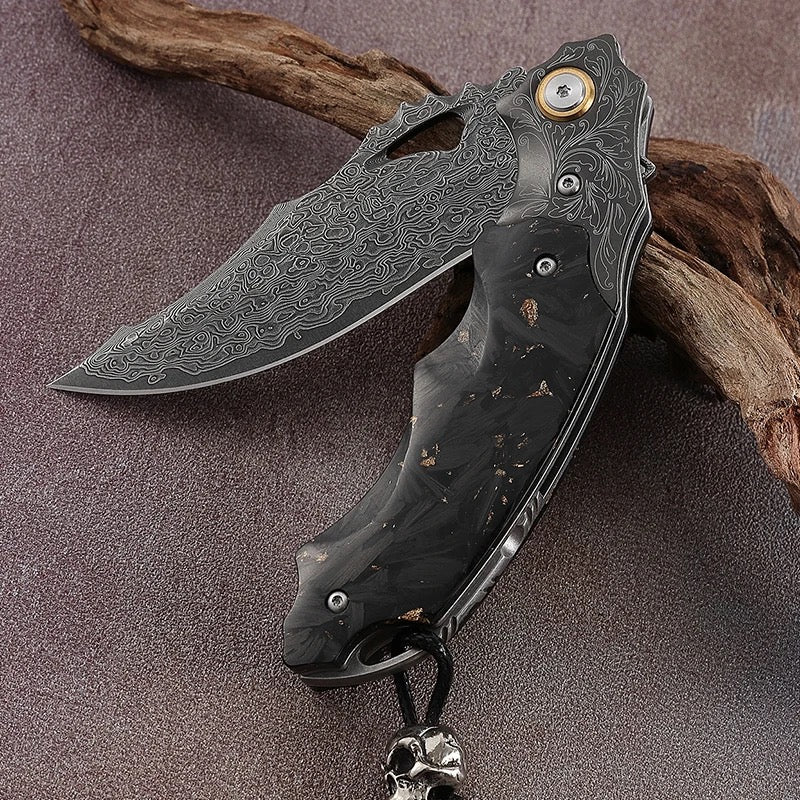 Black gold EDC Gentlemen's Pocket Knife with 14K Gold Foil Carbon Fiber Handle & Sheath Personalized