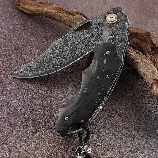 Black gold EDC Gentlemen's Pocket Knife with 14K Gold Foil Carbon Fiber Handle & Sheath Personalized