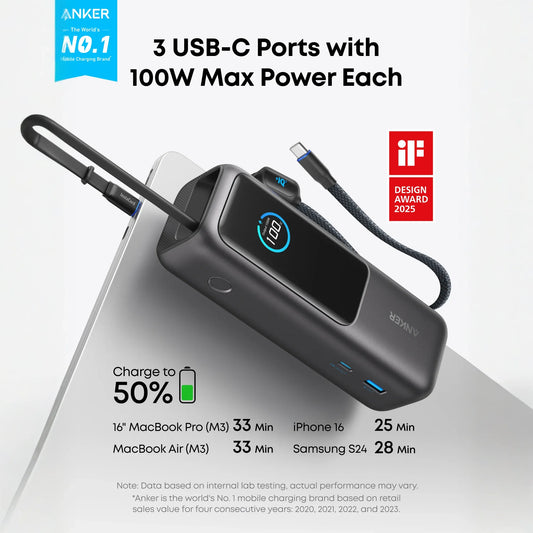 Anker Laptop Power Bank (25K, 165W, Built-In and Retractable Cables)