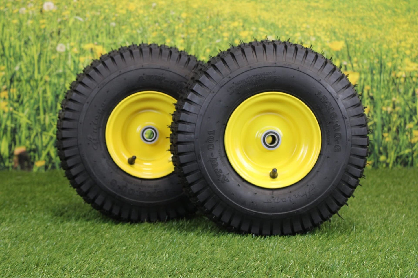 Antego Tire & Wheel (Set of 2) 15x6.00-6 Tire and Wheel Assemblies, ATW-001, 4 Ply Turf Tires, .75" Precision Ball Bearings, John Deere 15x6.00-6NHS Lawn Mower Tires, John Deere Front Tires 15x6.00-6