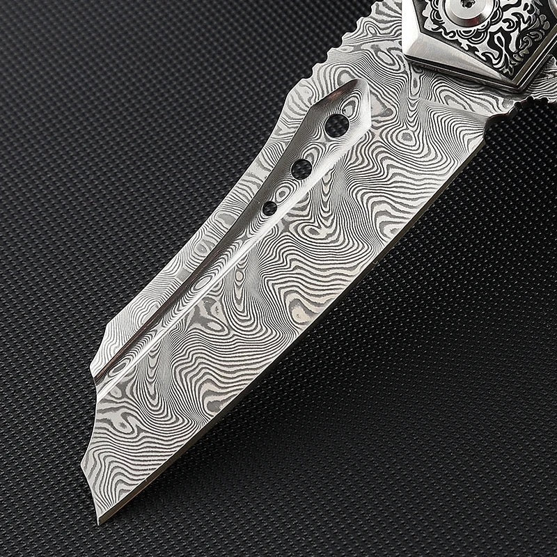 Volver Damascus Pocket Knife with Exotic Olive Burl Wood & Resin Handle