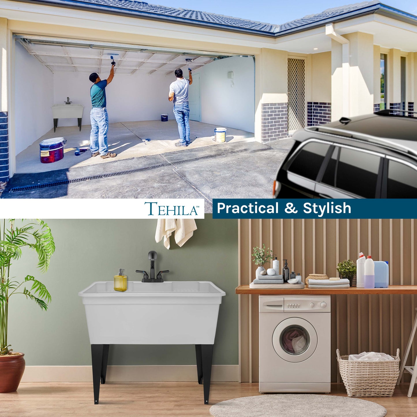 Tehila Freestanding Double-Wide White Utility Sink with Steel Legs & Black Pull-Out Faucet, Multi-Purpose Heavy-Duty Laundry Tub and Kitchen Sink for Homes & Business