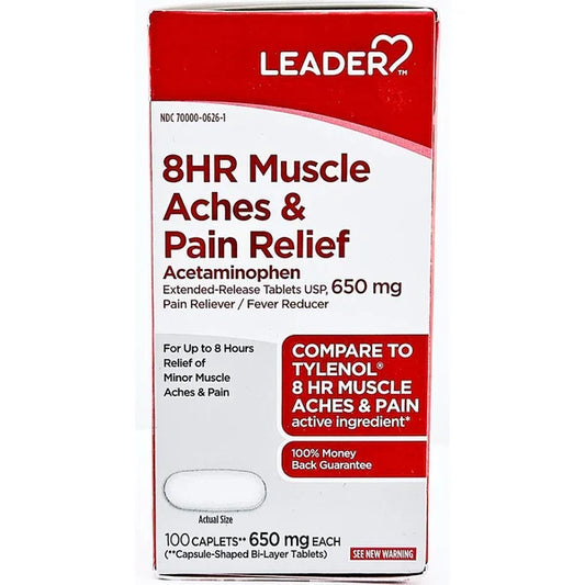 Leader 8HR Muscle Aches & Pain Relief Acetaminophen Extended-Release Tablets USP, 650 mg, 100 Caplets