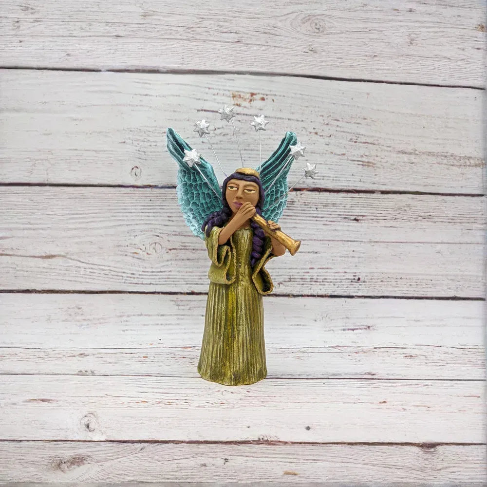 Christmas Decorations, Angel with Flute, Christmas Angel Home Decor, Handmade Angel Art from Oaxaca Mexico, Original Sculpture