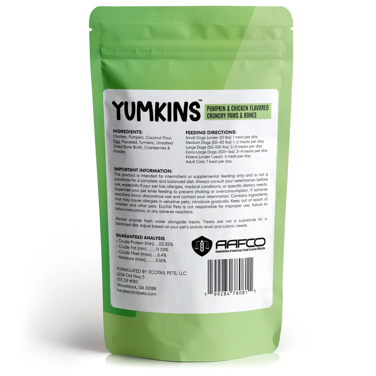 Yumkins™: Pumpkin & Chicken Flavored Paws and Bones (Dogs and Cats) - Large Size Single Pouch - 6.9oz