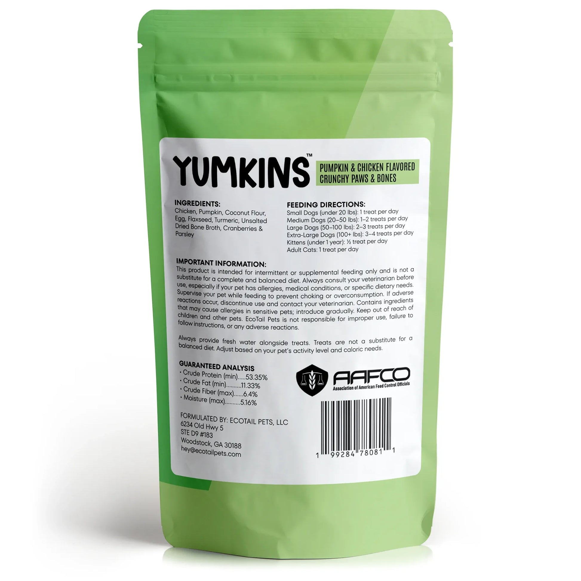 Yumkins™: Pumpkin & Chicken Flavored Paws and Bones (Dogs and Cats) - Large Size Single Pouch - 6.9oz