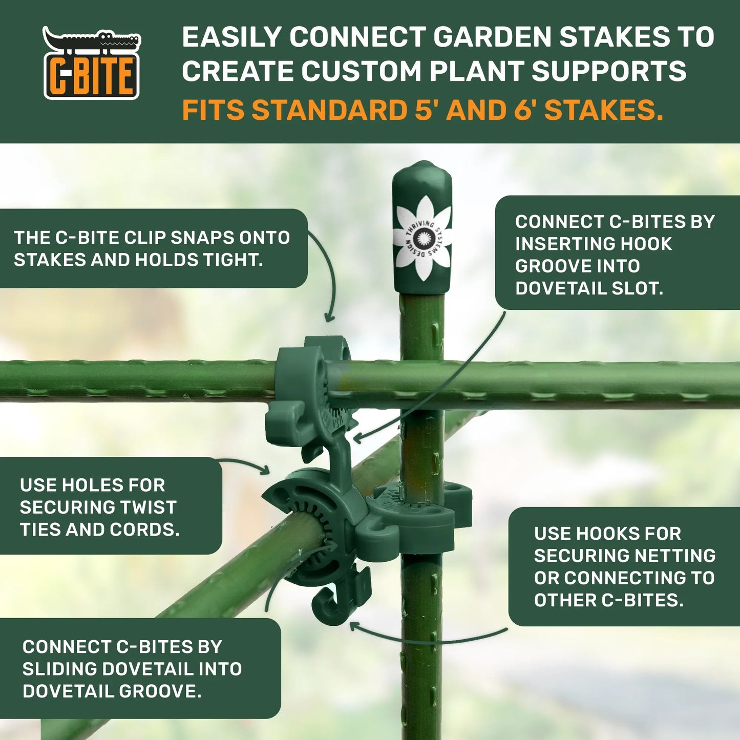 Dark Green C-BITE Garden Stake Clips for 7/16" Garden Stakes (In quantities of 26, 100 and 1000)