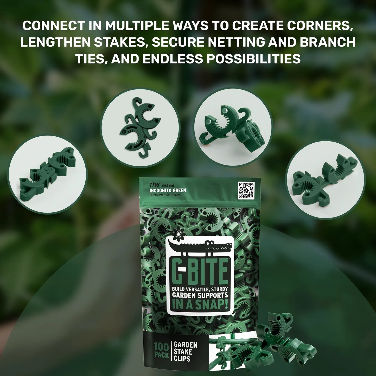 Dark Green C-BITE Garden Stake Clips for 7/16" Garden Stakes (In quantities of 26, 100 and 1000)