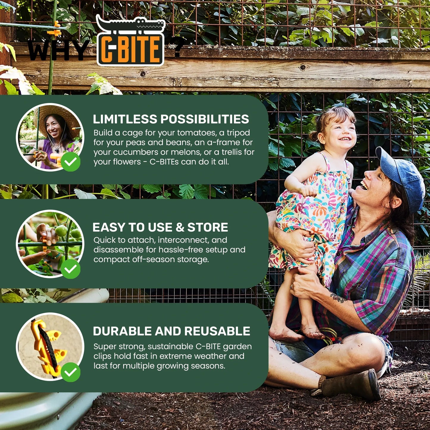 Dark Green C-BITE Garden Stake Clips for 7/16" Garden Stakes (In quantities of 26, 100 and 1000)