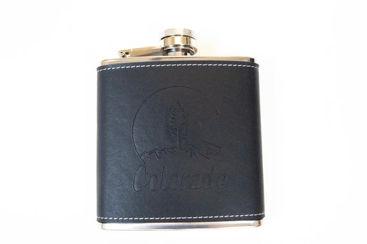 Colorado 7oz Black Leather Leak Proof Stainless Steel Hip Flask Embossed