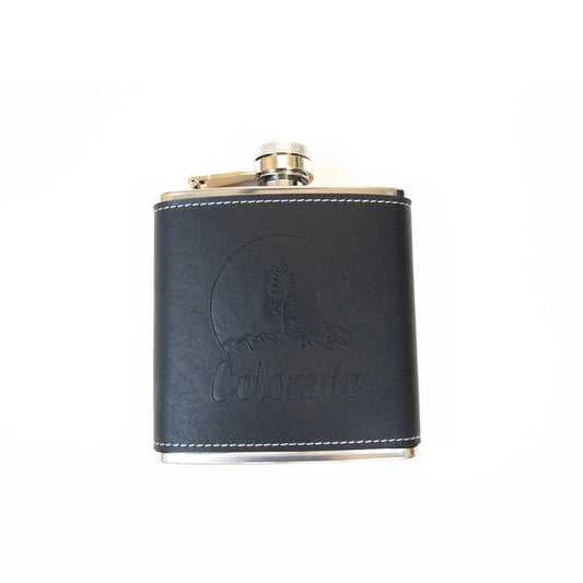 Colorado 7oz Black Leather Leak Proof Stainless Steel Hip Flask Embossed