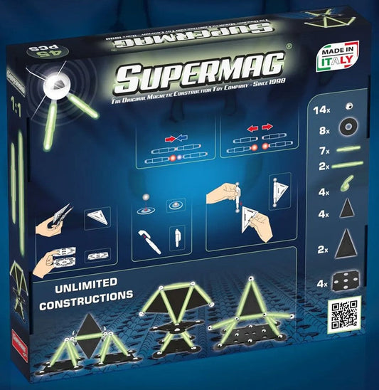 Tinamiri Supermag - Glow 45 - Magnetic Building Set, Educational construction fun, 45 piece set, Magnet Toys, 0666