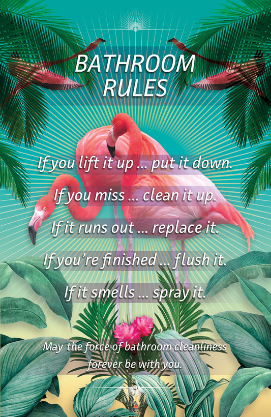 Bathroom Rules Poster Flamingos Wall Decor Art Print (11"x17")