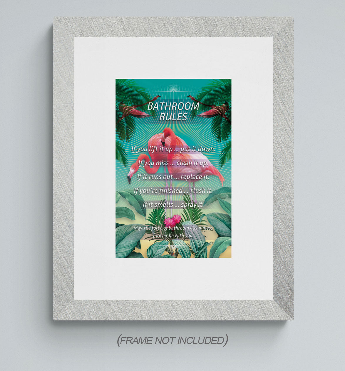 Bathroom Rules Poster Flamingos Wall Decor Art Print (11"x17")