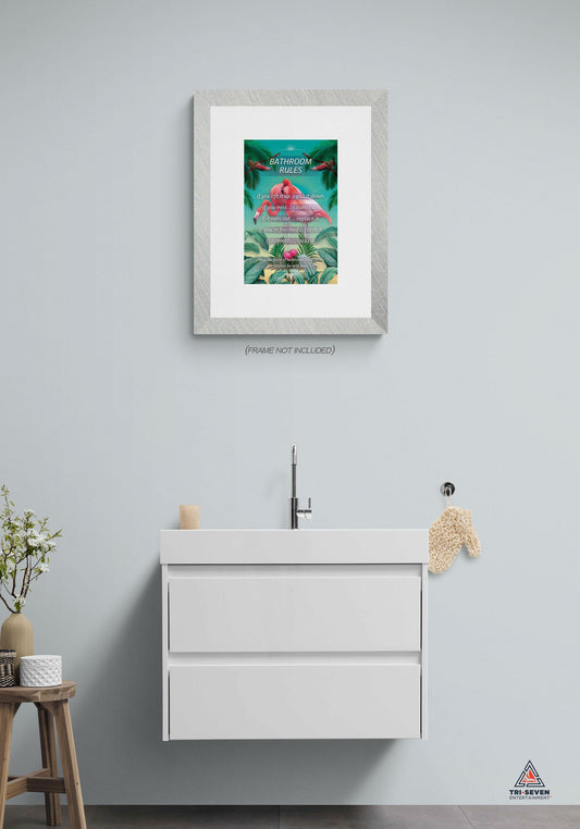 Bathroom Rules Poster Flamingos Wall Decor Art Print (11"x17")