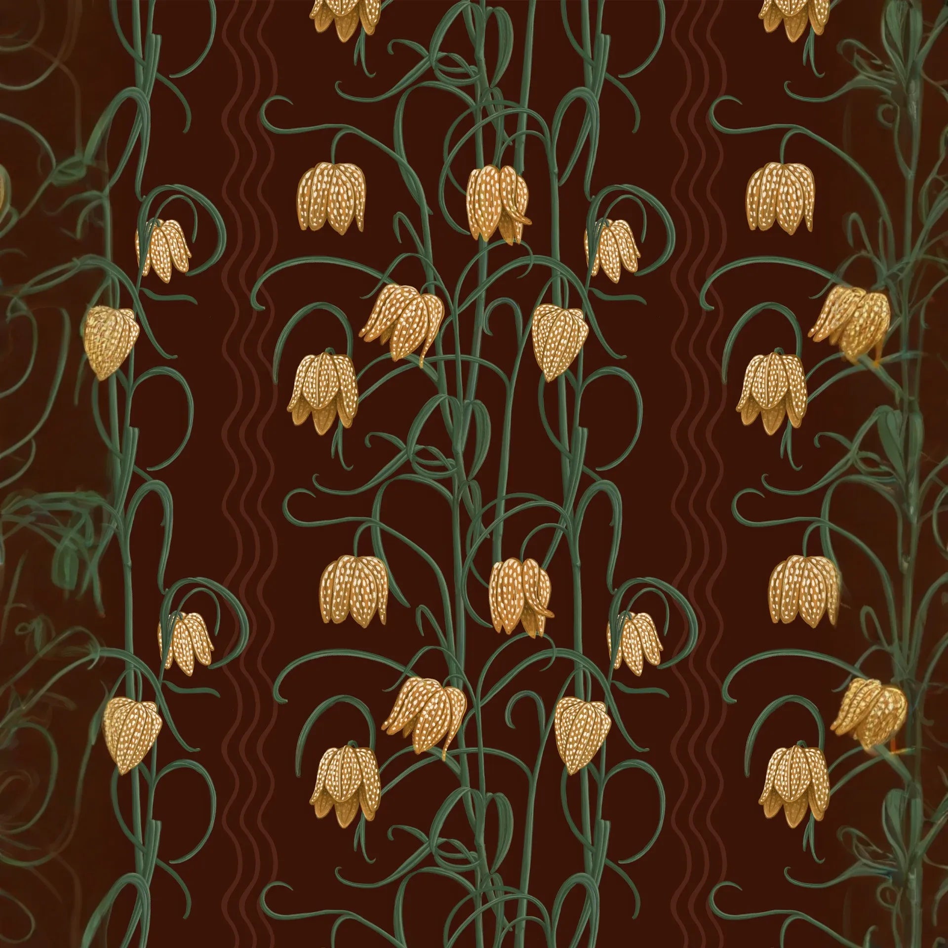 Campanas Wallpaper, chocolate and goldenrod