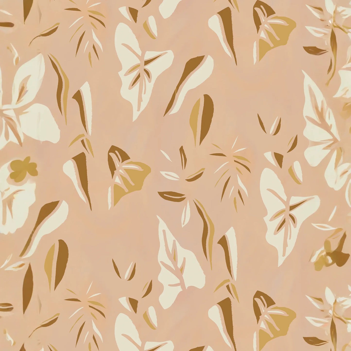 Block Print Foliage Wallpaper, peach and mustard