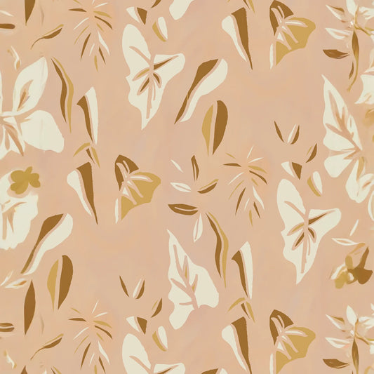 Block Print Foliage Wallpaper, peach and mustard