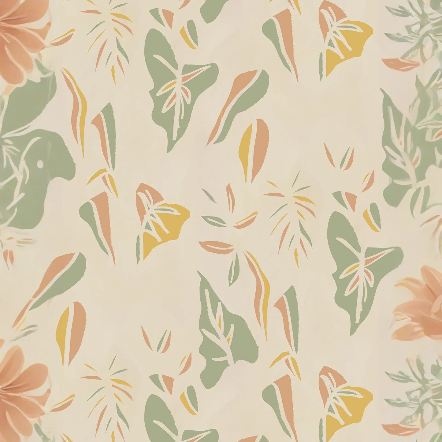 Block Print Foliage Wallpaper, tan and mint